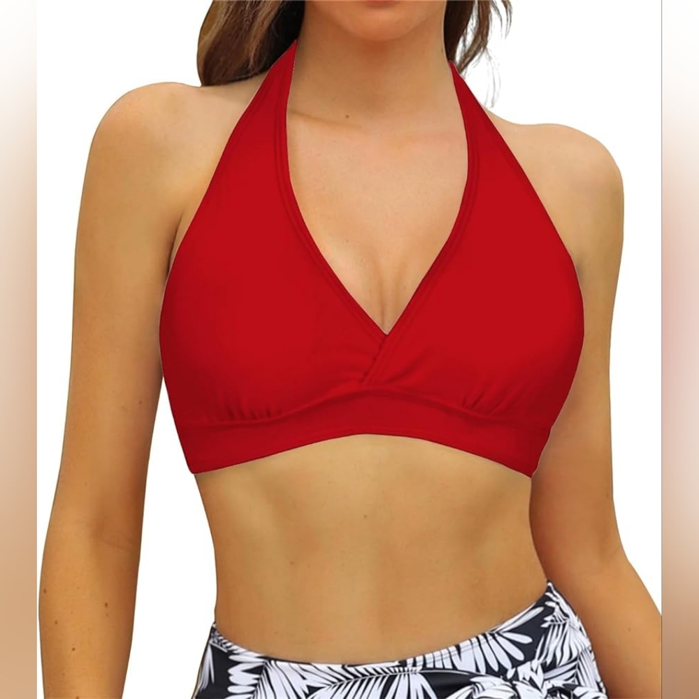 Tempt Me Supportive Halter Padded Bright Solid Double Clasp Swim Top - L - NWT